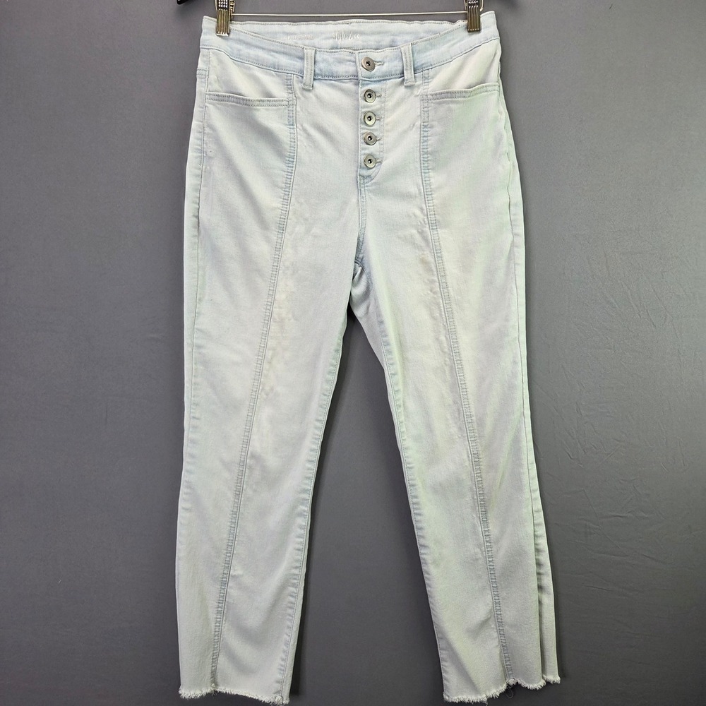 Style & Co Crop Flare Jeans High Rise Button Fly Light Wash Raw Hem 29 Blue
